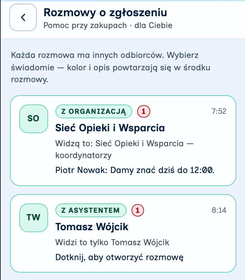 Ekran aplikacji: rozmowa z organizacją i rozmowa z asystentem przy jednym zgłoszeniu