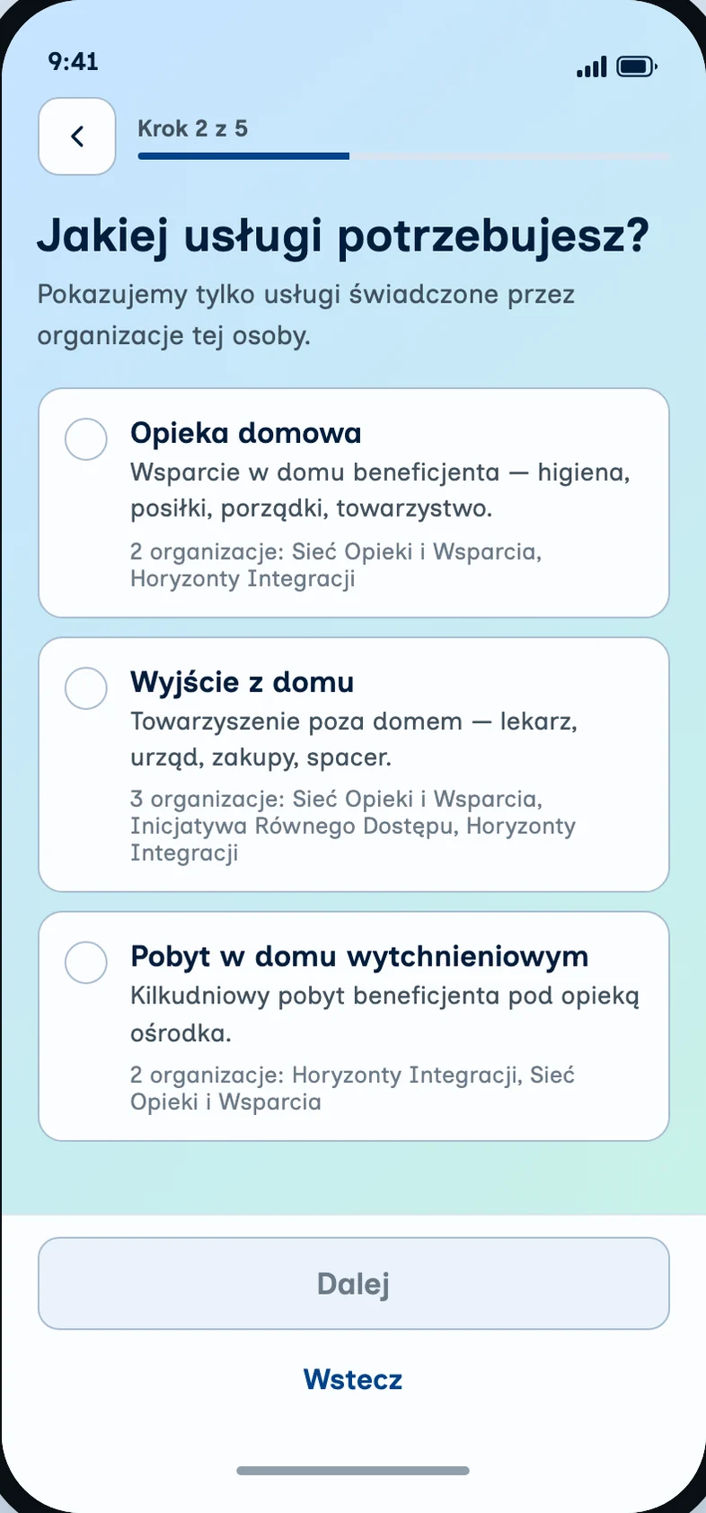 Ekran aplikacji: wybór usługi w kreatorze zgłoszenia